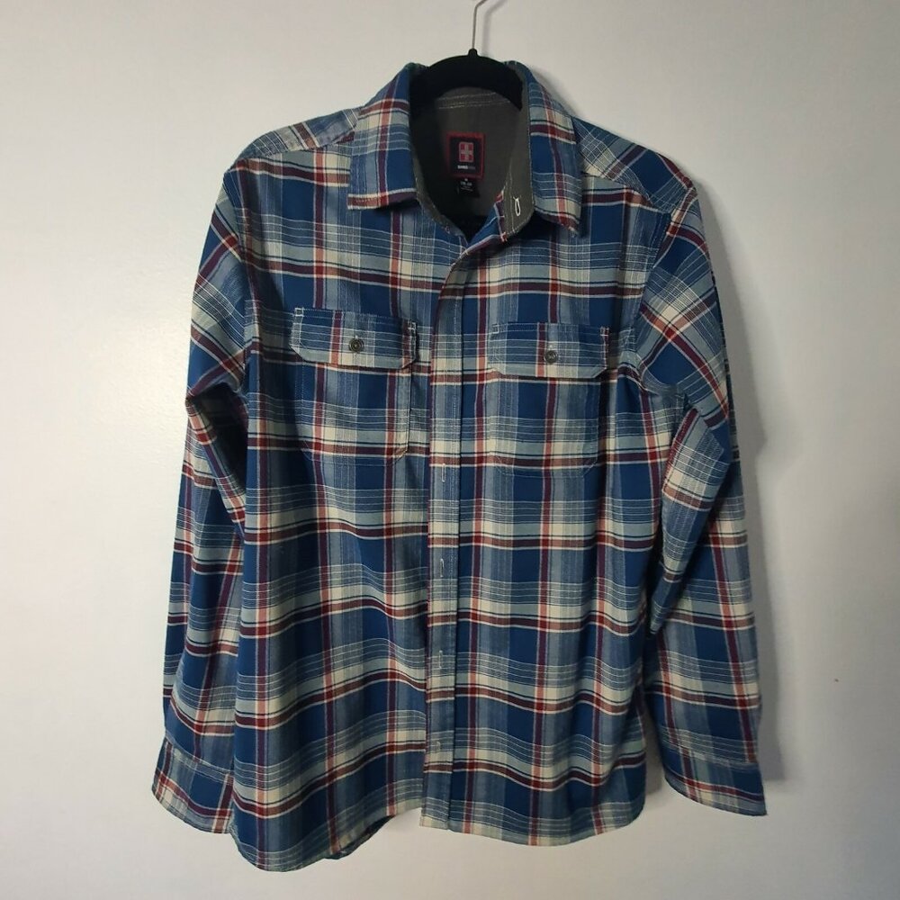 Swiss Tech Plaid Button Up Men Shirt Size M 38-40 Long Sleeve Red White Blue‎